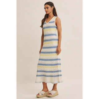 RETRO-INSPIRED MULTI-COLOR FORM FITTING CROCHET SWEATER MIDI