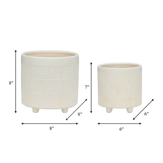 Plant Pot Set of 2 - White Ceramic Textured Footed, 6/8 in.