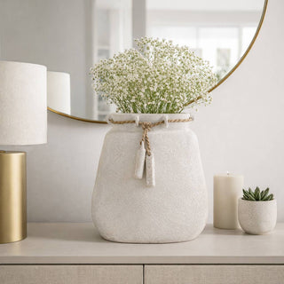 Decorative Vase - White Ceramic Wide Woven with Jute, 16 in.