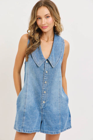 DENIM BUTTON UP RACERBACK DESIGN SLEEVELESS ROMPER