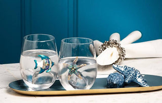 Stemless Wine Glass with Jewel Fish-4.5"H(16oz)