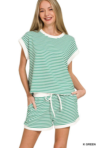 0212 Stripe Contrast Trim Top & Shorts Set SI-29345