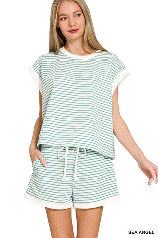 0212 Stripe Contrast Trim Top & Shorts Set SI-29345