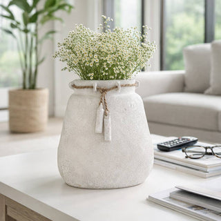 Decorative Vase - White Ceramic Wide Woven with Jute, 16 in.