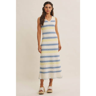 RETRO-INSPIRED MULTI-COLOR FORM FITTING CROCHET SWEATER MIDI
