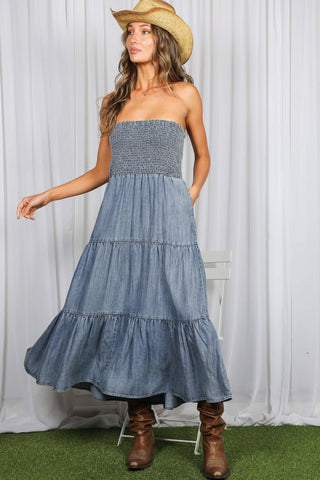 Tube Top Flowy Pocket Chambray Denim Midi Dress VD83290