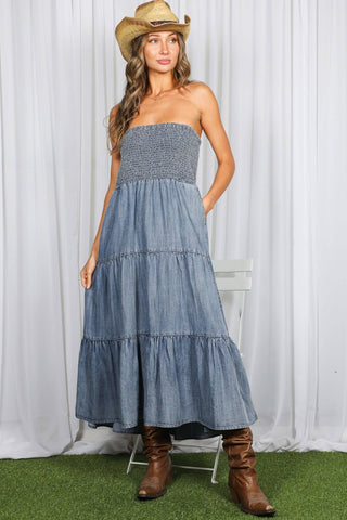 Tube Top Flowy Pocket Chambray Denim Midi Dress VD83290
