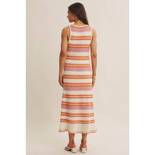 RETRO-INSPIRED MULTI-COLOR FORM FITTING CROCHET SWEATER MIDI