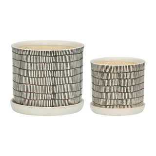 Plant Pot Set of 2 - Ivory Ceramic Line with Saucer, 6/8 in.