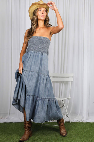 Tube Top Flowy Pocket Chambray Denim Midi Dress VD83290