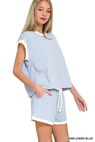 0212 Stripe Contrast Trim Top & Shorts Set SI-29345
