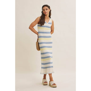 RETRO-INSPIRED MULTI-COLOR FORM FITTING CROCHET SWEATER MIDI