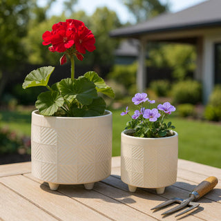 Plant Pot Set of 2 - White Ceramic Textured Footed, 6/8 in.