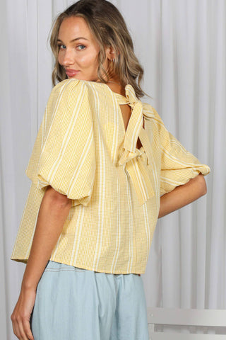 V-Back 2 Bow Accent Feminine Plaid Blouse Top VT82621C