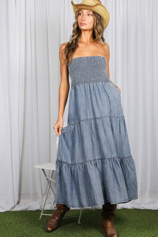 Tube Top Flowy Pocket Chambray Denim Midi Dress VD83290