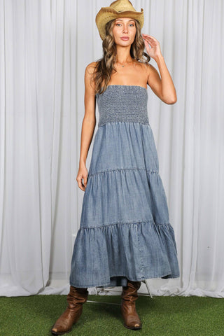 Tube Top Flowy Pocket Chambray Denim Midi Dress VD83290