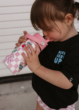 Pink Checkered Water Bottle