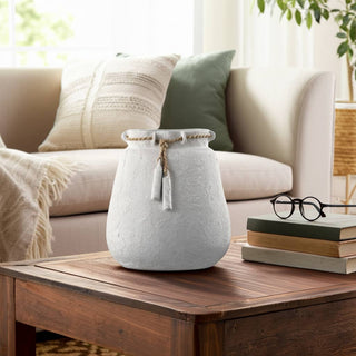 Decorative Vase - White Ceramic Wide Woven with Jute, 16 in.