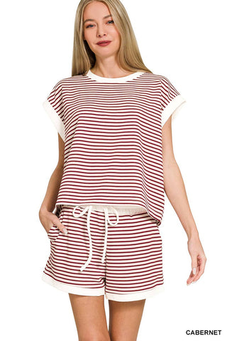 0212 Stripe Contrast Trim Top & Shorts Set SI-29345