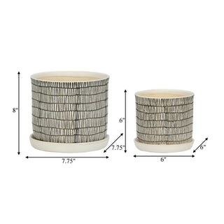 Plant Pot Set of 2 - Ivory Ceramic Line with Saucer, 6/8 in.