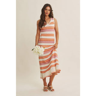 RETRO-INSPIRED MULTI-COLOR FORM FITTING CROCHET SWEATER MIDI