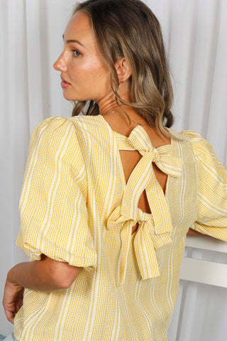 V-Back 2 Bow Accent Feminine Plaid Blouse Top VT82621C