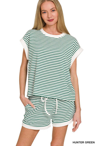 0212 Stripe Contrast Trim Top & Shorts Set SI-29345