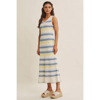 RETRO-INSPIRED MULTI-COLOR FORM FITTING CROCHET SWEATER MIDI