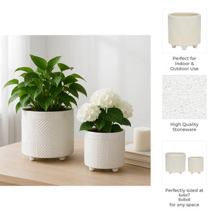Plant Pot Set of 2 - White Ceramic Textured Footed, 6/8 in.