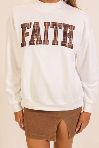 Faith Plaid Patch Mock Neck Sweatshirt