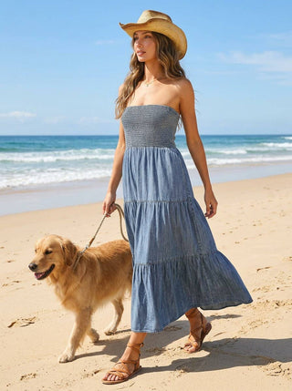 Tube Top Flowy Pocket Chambray Denim Midi Dress VD83290
