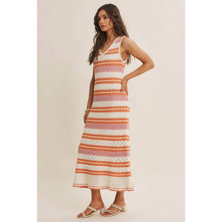 RETRO-INSPIRED MULTI-COLOR FORM FITTING CROCHET SWEATER MIDI