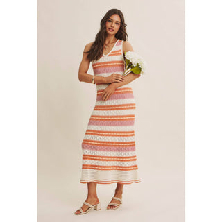 RETRO-INSPIRED MULTI-COLOR FORM FITTING CROCHET SWEATER MIDI