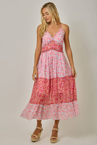 71152 Mixed Print Ruffle Detail Midi Dress