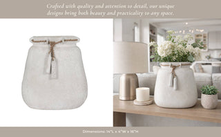 Decorative Vase - White Ceramic Wide Woven with Jute, 16 in.