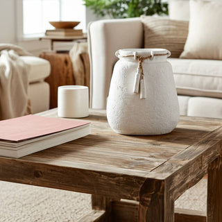 Decorative Vase - White Ceramic Wide Woven with Jute, 16 in.
