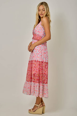 71152 Mixed Print Ruffle Detail Midi Dress