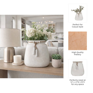 Decorative Vase - White Ceramic Wide Woven with Jute, 16 in.