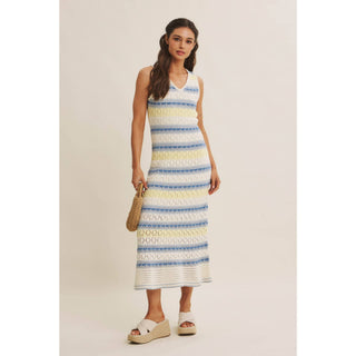 RETRO-INSPIRED MULTI-COLOR FORM FITTING CROCHET SWEATER MIDI