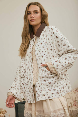 FLORAL CORDUROY COLLAR BUTTON DOWN DENIM JACKET