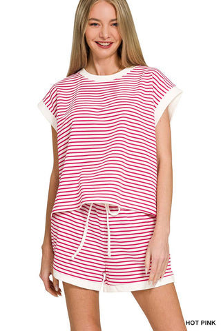 0212 Stripe Contrast Trim Top & Shorts Set SI-29345