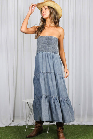 Tube Top Flowy Pocket Chambray Denim Midi Dress VD83290