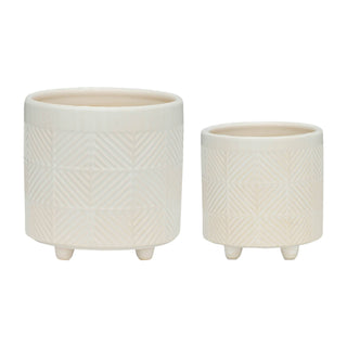 Plant Pot Set of 2 - White Ceramic Textured Footed, 6/8 in.