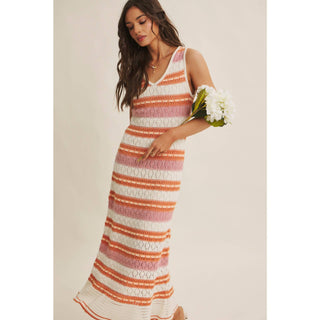 RETRO-INSPIRED MULTI-COLOR FORM FITTING CROCHET SWEATER MIDI