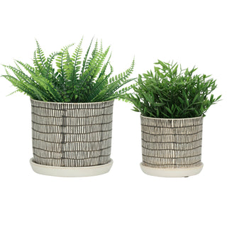 Plant Pot Set of 2 - Ivory Ceramic Line with Saucer, 6/8 in.