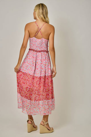 71152 Mixed Print Ruffle Detail Midi Dress