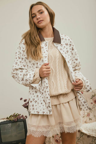 FLORAL CORDUROY COLLAR BUTTON DOWN DENIM JACKET