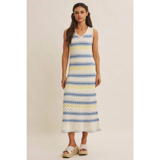 RETRO-INSPIRED MULTI-COLOR FORM FITTING CROCHET SWEATER MIDI