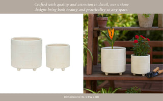 Plant Pot Set of 2 - White Ceramic Textured Footed, 6/8 in.