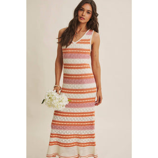 RETRO-INSPIRED MULTI-COLOR FORM FITTING CROCHET SWEATER MIDI